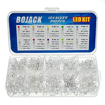 Bild av BOJACK 10 färger 200 stycken 5 mm LED dioder sortiment Kit Pack (transparent, 2 V 3,2 V, 20 mA) glödlampslampor elektronikkomponenter lysdioder