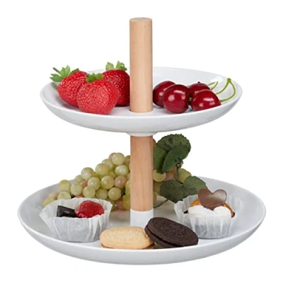 Bild av Relaxdays våningar, 2 plast och trä, runt serveringsställ, H x D 19 21 cm, cupcake stativ, modern, vit/natur