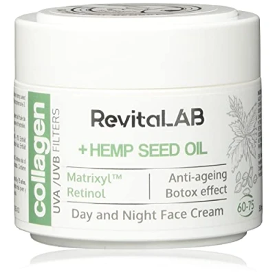 Bild av RevitaLAB Anti Ageing fuktighetskräm för dag och natt med kollagen, berikad hyaluronsyra, Matrixyl® 3000, hampfröolja, UVA /UVB filter, åldrarna 60 75, 50 ml (multipack)