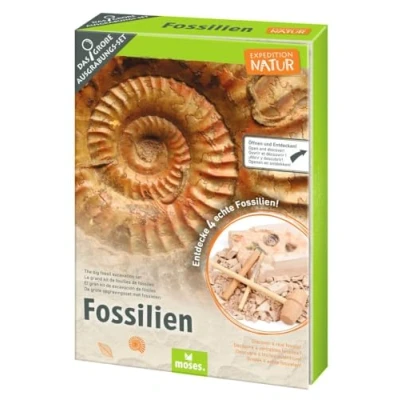 Bild av moses. Expedition Natur den stora fossilutgrävningssatsen, gipsblock med 5 riktiga fossiler, utgrävningsset inklusive utgrävningsverktyg, förstoringsglas och förvaringspåsar