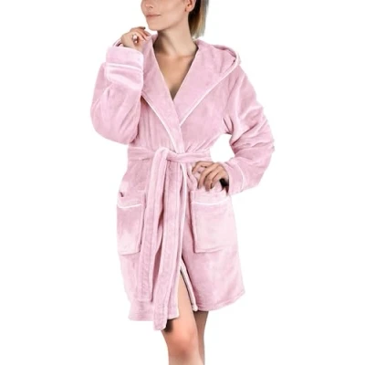 Bild av Gräfenstayn Badrock damer fluffig med huva gosig fleece Oeko Tex Standard 100 kort morgonrock storlek S XXXL, Rosa,