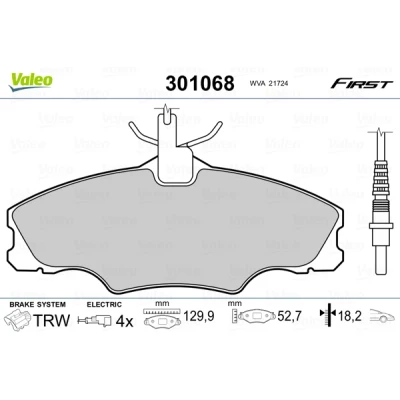 Bild av VALEO 301068 Jeu de plaquettes frein FIRST Essieu avant contact signal d&#039;usure inclus sans tôle anti bruit PEUGEOT: 406 Berline, Coupe