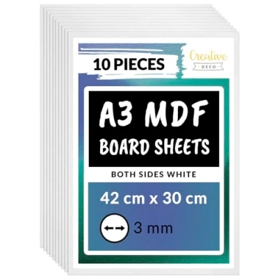 Bild av Creative Deco VIT 10 x A3 MDF Skiva Dubbelsidig 420 300 3 mm Perfekt för Laserskärning, CNC router, Modellering, Bandverk, Rullsåg FRAM BAK