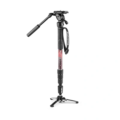 Bild av Manfrotto Element MII videosats, aluminiumvätskemonopod med videohuvud, smal och lätt, laddar upp till 4 kg, vikbar vätskebas, sektioner, vridlås, för spegellösa DSLR kameror, röd