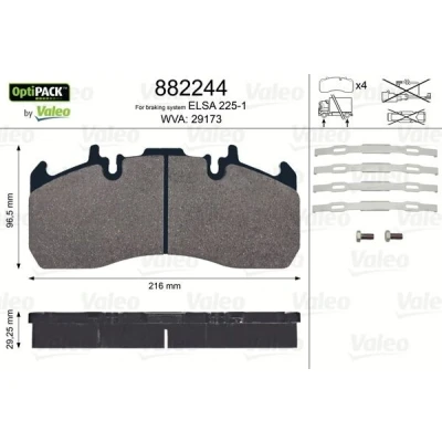 Bild av VALEO 882244 Jeu de plaquettes frein OPTIPACK contact signal d&#039;usure exclu avec kit vis fixation RENAULT TRUCKS: Premium 2, Midlum