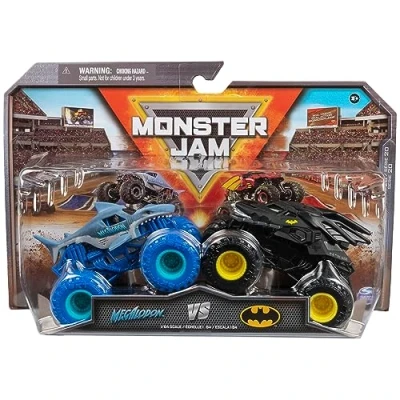 Bild av Monster Jam original tvåpack med Batmobil vs. Megalodon autentiska monsterlastbilar i skala 1:64