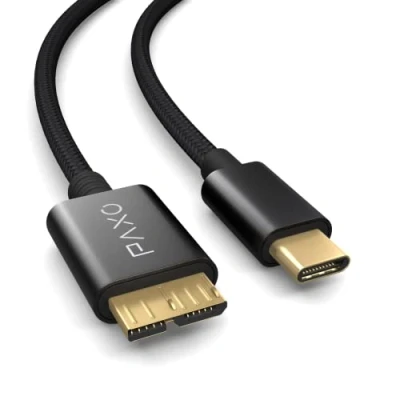 Bild av PAXO 3 m nylon USB C micro 3.1 (USB 3.0) hårddiskkabel, 5 Gbit/s, HDD kabel, datakabel, laddningskabel, svart, kontakt till B