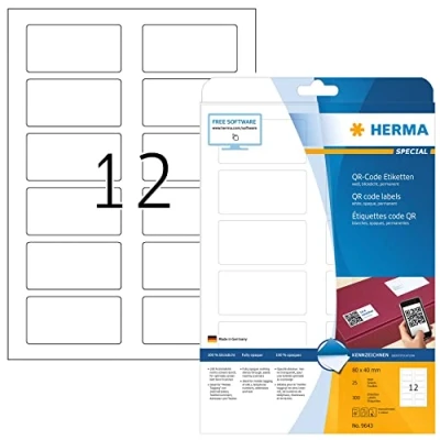 Bild av HERMA 9643 QR kod etiketter A4 ogenomskinlig (80 x 40 mm, 25 ark, papper, matt) självhäftande, utskrivbara, permanenta kodetiketter, 300 klistermärken, vit