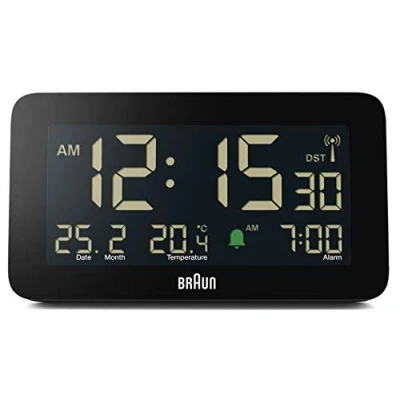 Bild av Braun Digital Radio Controlled Projection Alarm Clock For Central European Time Zone (DCF) with Date, Month and Temperature Displayed, Negative LCD Display, Quick Set, Crescendo Beep in Black, model BC10B DCF.