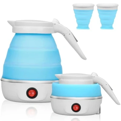 Bild av hopfällbar vattenkokare 600 ml mini resekokare, liten silikon botten i rostfritt stål, silikon, minivattenkokare för kök, resor, camping, utomhusaktiviteter