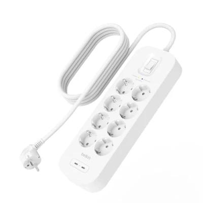Bild av Belkin grenuttag överspänningsskydd med 8 eluttag, för väggmontering 2m strömsladd och grön indikeringslampa, 2 USB C portar PD snabbladdning 900 Joule skydd