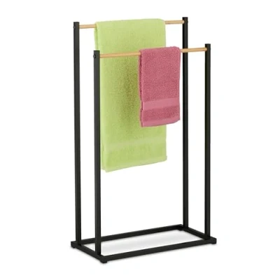 Bild av Relaxdays handduksställ, 2 stänger, fristående, H x B D: 76 45 21,5 cm, duschhanddukshållare för badrum, järn, svart/natur