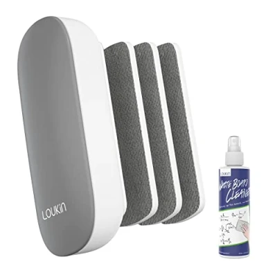 Bild av loukin Utbytbart suddgummi, magnetiskt whiteboardsuddgummi med 3 utbytbara filtkuddar, 4 i 1 glaswhiteboardsuddgummi (grå), inkluderar 96 ml whiteboardrengöring