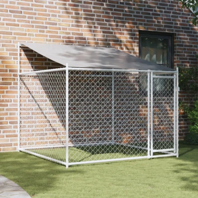 Bild av Hundgård med tak och dörr grå 2x2x2 cm galvaniserat stål