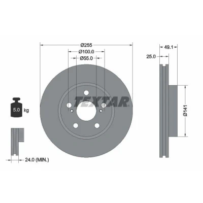 Bild av TEXTAR 92077400 Disque de frein 255 25 05/07 100 ventilé l&#039;intérieur sans boulon fix roue, moyeu roue TOYOTA: Celica VII Coupe