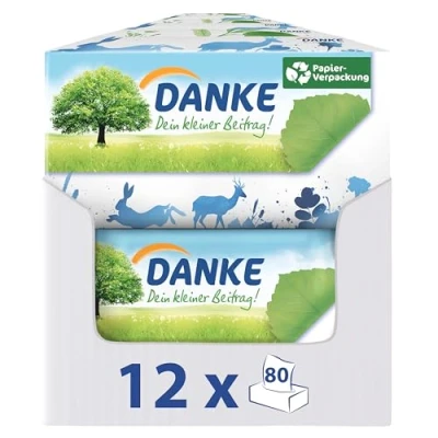 Bild av DANKE Näsdukar i rektangulär låda, 4 lagers 12 lådor, 80 dukar per låda pappersnäsdukar tillverkade av 100% återvunnet papper, miljövänlig, dermatologiskt testad