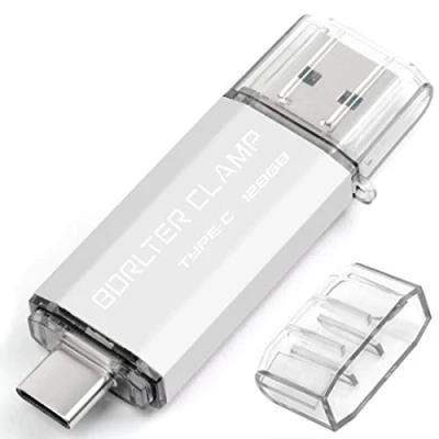 Bild av BorlterClamp 128 GB typ C USB 3.0 minne med dubbla portar OTG minnessticka för Android smartphones Samsung Galaxy S9/S8/Note9, LG, surfplattor och dator (silver)