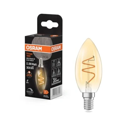 Bild av OSRAM Vintage 1906 Classic är en varmvit, dimbar LED lampa i form av ett miniljus med spiralfilament. Den erbjuder 3,5 W, 300 lm, E14 sockel, guldfärgat glas, 35 mm diameter, 2200 K.
