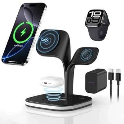 Bild av 3 in 1 Wireless Charging Dock for MagSafe Magnetic Charger iPhone 16/15/14/13/12 Series, Apple Watch 10/9/8/7/6/5/4/3/2/SE/Ultra, AirPods Pro 4/3/2 (Svart)