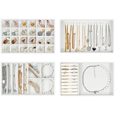 Bild av ProCase Smyckesbricka, organiserare, smyckeskrin, organisering, sammet, stapelbar, förvaringsbricka för låda, smycken, display örhängen, halsband, ring, armband 4 lager, vit