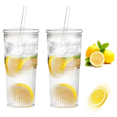 Bild av Glasmuggar, 2 stycken 600 ml dryckesmugg med lock och sugrör, glas bubble tekopp, dricksglas för smoothie mugg, juiceglas, kaffekopp, longdrinkburkar, glasbehållare,