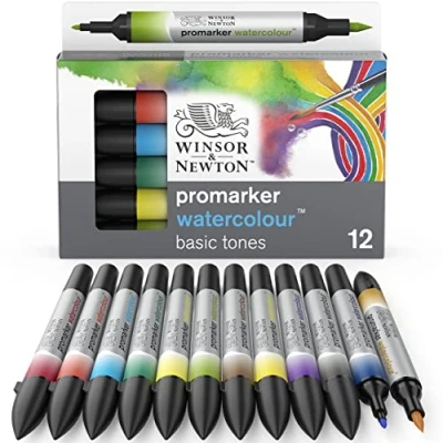 Bild av Winsor &amp; Newton 0290165 ProMarker akvarellmärkpenna 2 spetsar, pensel och fin spets, ljusäkta, högpigmenterade akvarellfärger för kalligrafi, teckningar, 12 färger, set grundfärger
