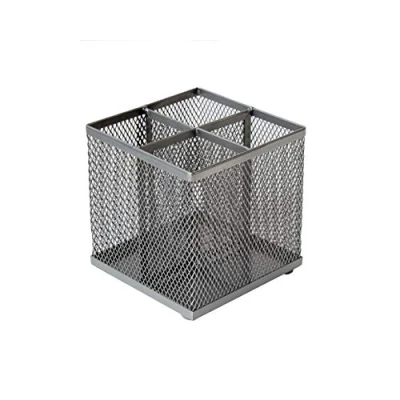 Bild av OSCO Silver Wiremesh fyrkantig pennkruka 4 sektioner pennhållare snyggt skrivbord kontorsarrangör sminkförvaring sminkdisplay H 10,5 x B 10 D10 cm