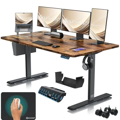 Bild av KESSER® Höjdjusterbart elektriskt skrivbord 160 x 70 cm, ergonomiskt höj och sänkbart skrivbord, 3 funktions minnesstyrning, inkl. 360 hjul USB laddningsport, datorbord för hemmakontor
