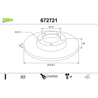 Bild av VALEO Disque de frein MAZDA: 6 3/5 portes, 5 Break Essieu arrière 280mm 10mm 5Trou plein revêtu 672721 G25Y26251,G25Y26251A,GF3Y26251