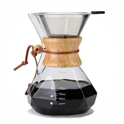 Bild av Lalord Häll över kaffebryggare, 800 ml borosilikatglaskaraff, dubbelskikt rostfritt stålfilter och modern träkrage, glaskaffebryggare, rymmer 4 till 6 koppar