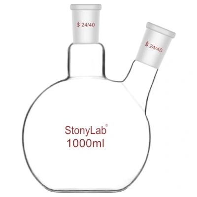 Bild av stonylab Plattbottnad Kolv FBF, Tung Vägg 2 Halsad Labbkolv Borosilikatglas Platt Botten Kokande med 24/40 Standardfog, 1000 ml (1 L)
