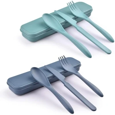 Bild av Zoyiancy 2 uppsättningar återanvändbara bestickset med fodral, resegaffel kniv sked set, bärbart plastbestick set för picknick skola kontor lunch (1)