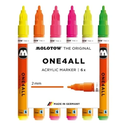 Bild av Molotow One4All 127HS akrylmärkpenna neonset (2,0 mm linjetjocklek, hög täckning och permanent, snabbtorkande, påfyllningsbar, för nästan alla ytor) 6 stycken sorterade
