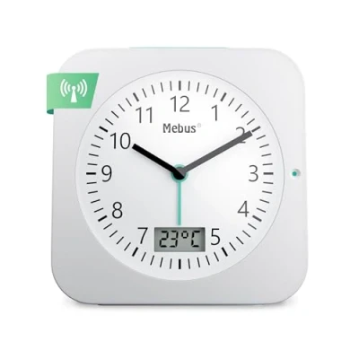 Bild av MEBUS Funk Wecker mit Temperaturanzeige, Datum, Reisegröße, Batteriebetrieben, Schlummer Wecker, großes Display, Beleuchtung, Farbe: Weiss, Modell: 25610