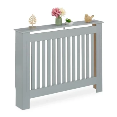 Bild av Relaxdays Radiatorskydd, rustik design, 83 x 112 19 cm, för antika värmare, täckplatta, MDF, grå, 100% fiberskiva, L