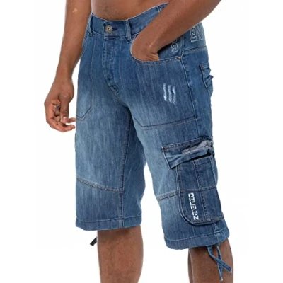 Bild av 989Zé ENZO Herrshorts EZS404 Raw Combat Cargo fickor ledig knälång denim halvbyxor, BLÅ, 40W