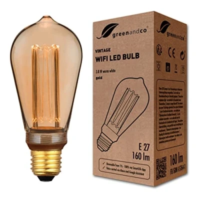 Bild av greenandco® WiFi smart LED lampa med app (ingen hubb krävs) Vintage Design E27 ST64, 3,8W 160lm 1800K 320 230V, inget flimmer, dimbar, kompatibel Alexa och Google Assistant