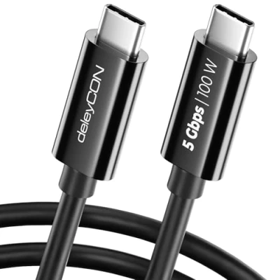 Bild av deleyCON 2m USB C Kabel (100 W Snabbladdning + Datakabel 5 Gbit/s) Laddningskabel för iPhone 16 15 Pro Max Samsung Galaxy S24 S23 Pixel iPad MacBook Air Surfplattor Switch PS5 Svart