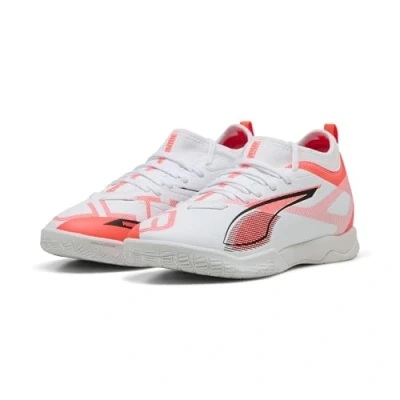 Bild av Puma Ultra 5 Match IT MID JR Unisex Fotbollsskor inomhusskor för barn, Storlek: 37.5, White/black/glowing red Konstmaterial/textil