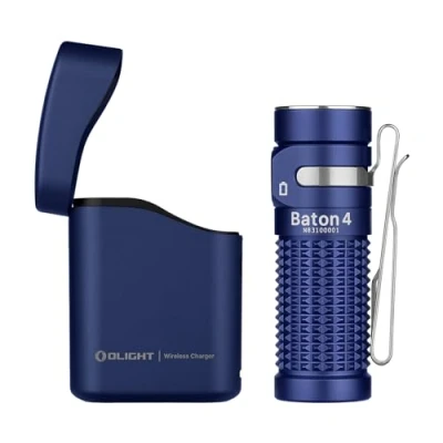 Bild av OLIGHT Baton 4 kit mini LED ficklampa med dimbart laddningsfodral, uppladdningsbar upp till 190 dagars körtid, 1300 lm 170 m ljusvidd superljus liten för vardagen, IPX8 blå