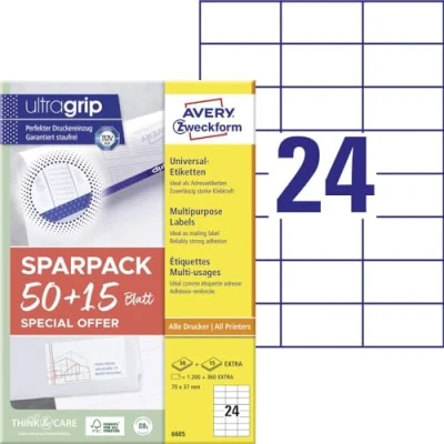 Bild av AVERY Zweckform 6605 adressklistermärken (1 200 plus 360 självhäftande etiketter extra, 70 x 37 mm på A4, matt papper, tryckbara sändaretiketter, adressetiketter med ultragrepp) 65 ark,
