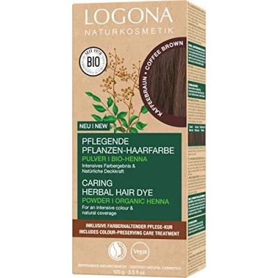 Bild av LOGONA Naturkosmetik närande vegetabilisk hårfärg, veganskt hårfärgspulver med ekologisk henna för intensiv färg och glans, växthårfärg i kaffebrun (brun), 1 x 100 g