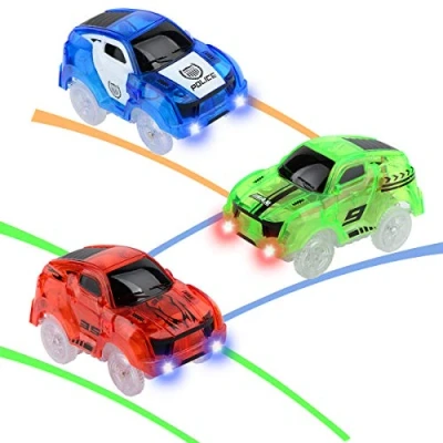 Bild av Hoshin Strax järnvägsbil, Carrera bilar lysande leksaksbilar racingbana tillbehör kompatibel med Magic Tracks Glow Track ersättning pojkar och flickor 3 pack (racerbil)