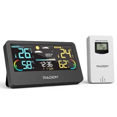 Bild av Raddy WF 55C PRO väderstation trådlös med utomhussensor, färgdisplay för inomhus och utomhusbruk, väderprognos hygrometer, termometer väckarklocka hemmet