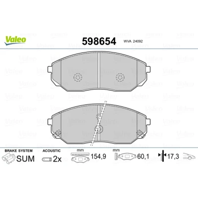 Bild av VALEO 598654 Jeu de plaquettes frein Essieu avant contact signal d&#039;usure inclus sans tôle anti bruit KIA: SORENTO 1
