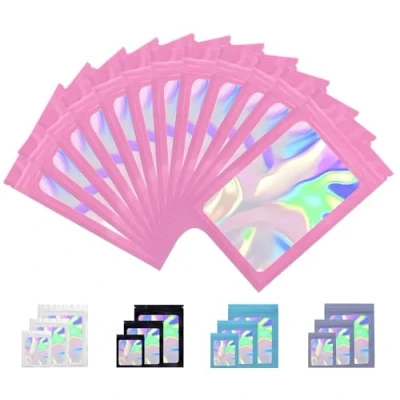 Bild av Rimiko 100 st Mylar Zip Påsar med Fönster, Lufttät Påse av Aluminiumfolie, Återförslutningsbara Holografiska Ziplock för Förpackning, Matförvaring (Holografisk Rosa, 10,5x15cm)