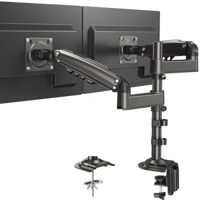 Bild av HUANUO Dubbla Bildskärmsfästen Passar 13&quot; 32&quot; LCD/LED skärm, Tvilling 360 Rotation, Justerbar Höjd, Gasfjäderarmsstativ, 2 Monteringsalternativ, VESA 75/100