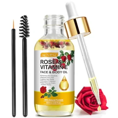 Bild av Rosolja för ansikte med rosenblad, organisk E vitaminolja åldrande, ärr och bristningar, Gua Sha olja, massageolja torr hud, hårbotten naglarna