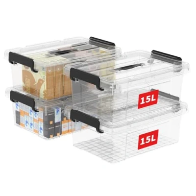 Bild av Cetomo 15 L x 4 förvaringslådor, plastförvaringslåda med lock, organiseringsbehållare handtag och säkra spärrspännen, stapelbar, kapabel, tygkorg för hemmakontorskläder, pack, klar