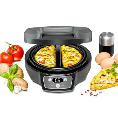 Bild av ROMMELSBACHER Omelett Chef OM 950 Cool Touch hölje, extra bakfördjupningar för 2 omeletter, non stick beläggning, 20 min. Timer, LED skärm, kontrolllampor, överflödesrör, watt